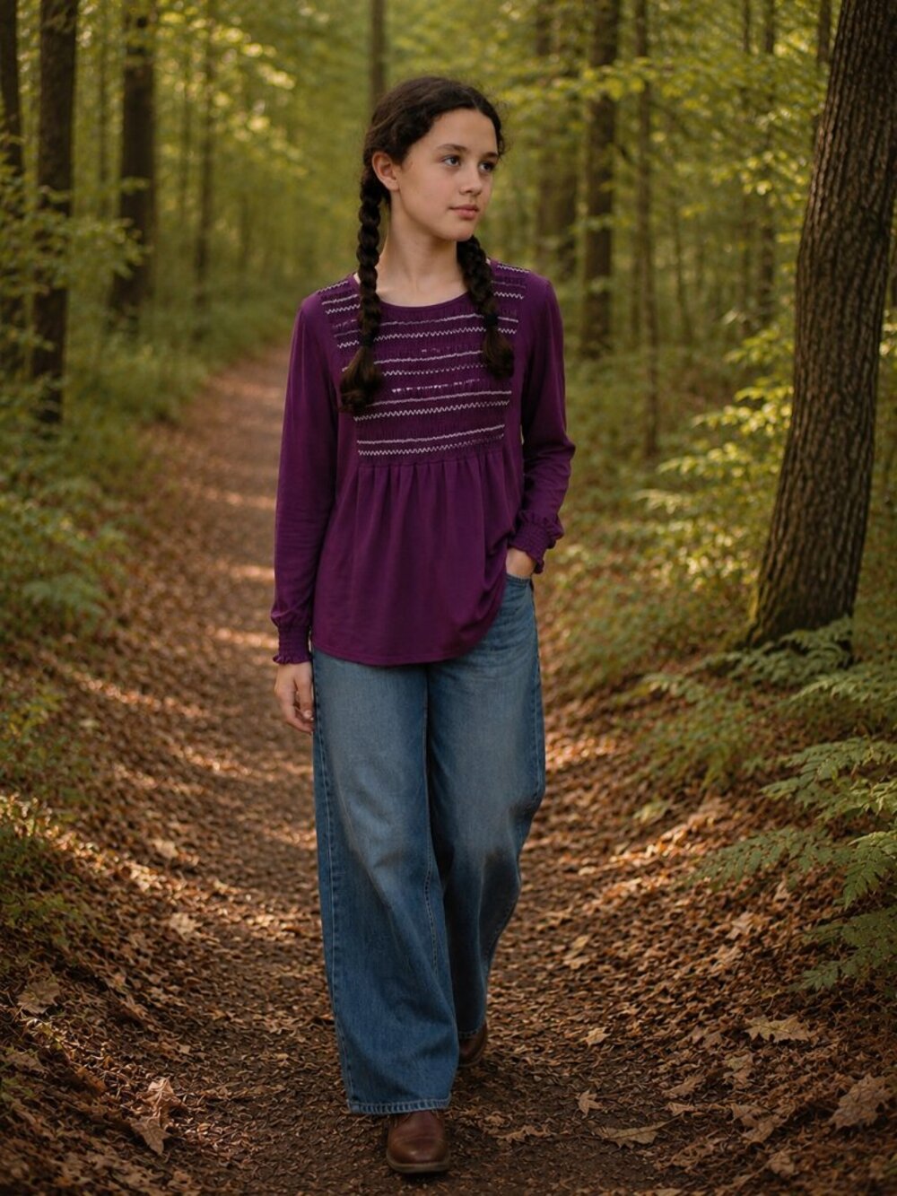 Dark Purple Long Puff Sleeve Smocked Tunic top - Picture 1 of 5